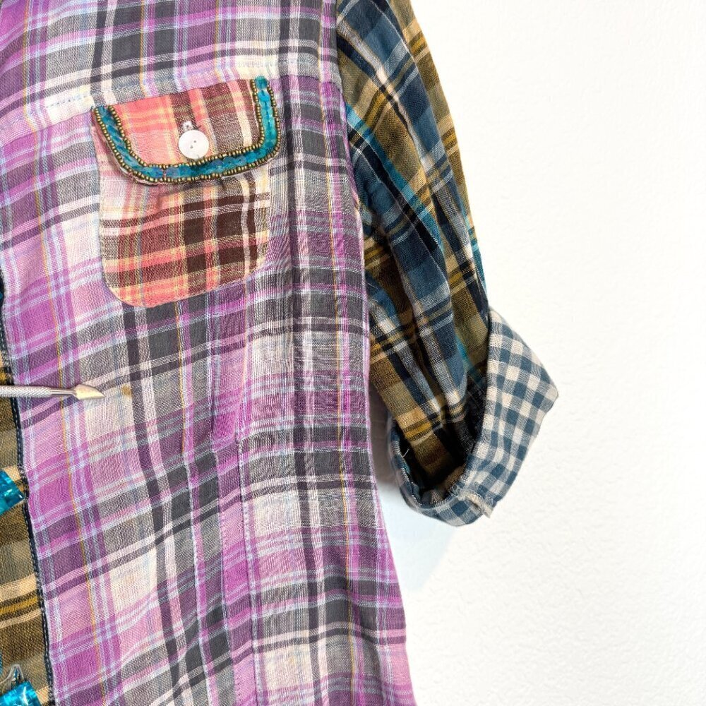 Patchwork Plaid Embroidered Sequin Top Shirt Butt… - image 8